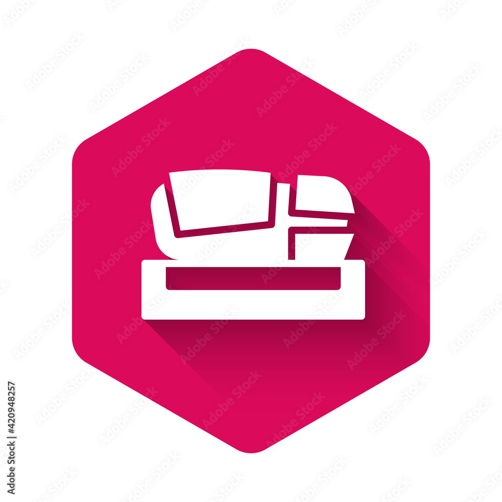 White Stadium Mestalla icon isolated with long shadow. Football stadium in Valencia, Spain. Pink hexagon button. Vector White Stadium Mestalla icon isolated with long shadow. Football stadium in Valencia, Spain. Pink hexagon button. Vector