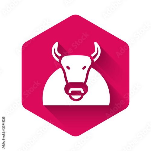 White Bull icon isolated with long shadow. Spanish fighting bull. Pink hexagon button. Vector