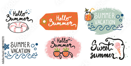 Hello summer, beach vibes, aloha. Set of inspirational quotes. Modern calligraphy phrases with hand drawn watermelon, pineapple, palm. Vector lettering for print, tshirt, poster. Typographic design.