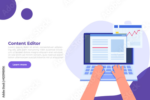Editable online document. Blogger, copywriter or journalist concept. Editor work. Creative writing and storytelling, copywriting . Online education, distant learning. Vector illustration.