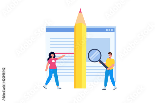 Editable online document. Blogger, copywriter or journalist concept. Editor work. Creative writing and storytelling, copywriting . Online education, distant learning. Vector illustration.