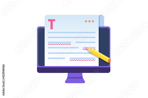 Editable online document. Blogger, copywriter or journalist concept. Editor work. Creative writing and storytelling, copywriting . Online education, distant learning. Vector illustration.