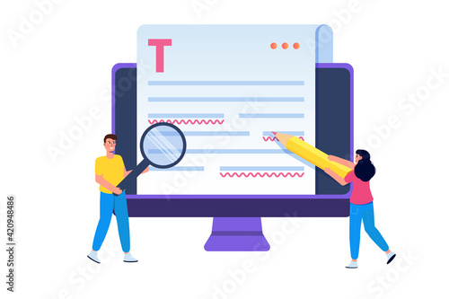 Editable online document. Blogger, copywriter or journalist concept. Editor work. Creative writing and storytelling, copywriting . Online education, distant learning. Vector illustration.
