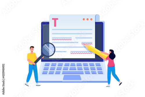 Editable online document. Blogger, copywriter or journalist concept. Editor work. Creative writing and storytelling, copywriting . Online education, distant learning. Vector illustration.