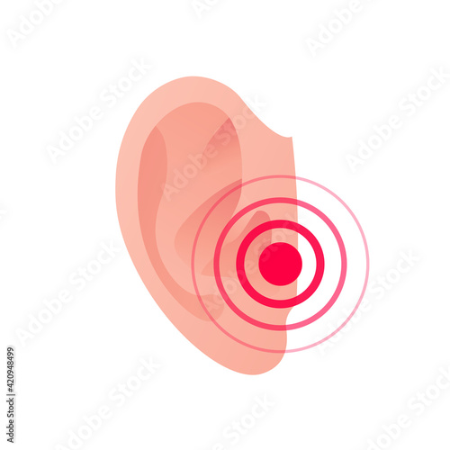 Deaf, ear pain, otitis infection concept. Vector flat illustration. Human ear with ache red dot symbol. Design element for medicine, health care.