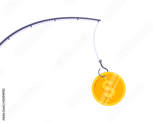Money bait and money trap business concept. Fishing rod with hook and dollar coin flat style design vector illustration