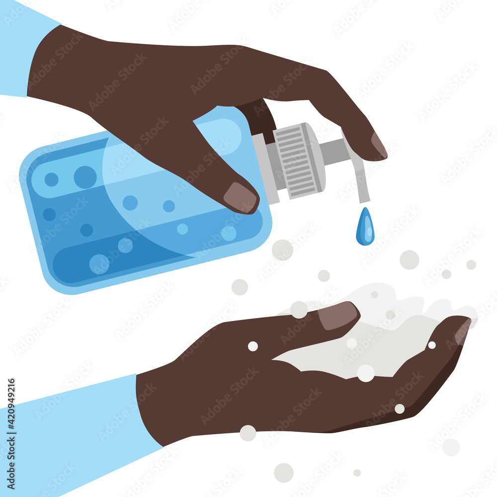 Hand washing. Hygienic treatment of hands with soap. Liquid soap in a bottle. Soap suds on dark-skinned hands. Vector illustration isolated on a white background for design and the web. Hand washing. Hygienic treatment of hands with soap. Liquid soap in a bottle. Soap suds on dark-skinned hands. Vector illustration isolated on a white background for design and the web.