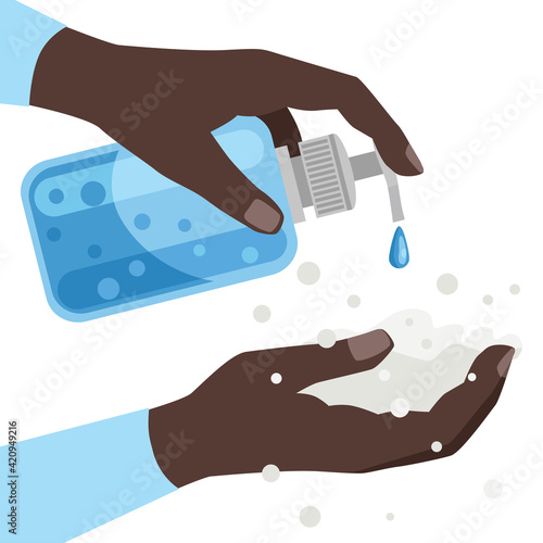 Hand washing. Hygienic treatment of hands with soap. Liquid soap in a bottle. Soap suds on dark-skinned hands. Vector illustration isolated on a white background for design and the web.