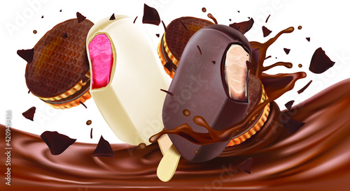 Chocolate liquid splashing with chocolate popsicle in the middle isolated on white background, Vector realistic in 3d illustration.