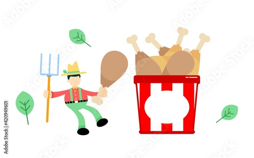 farmer man agriculture and chicken drumstick bucket box snack cartoon doodle flat design style vector illustration