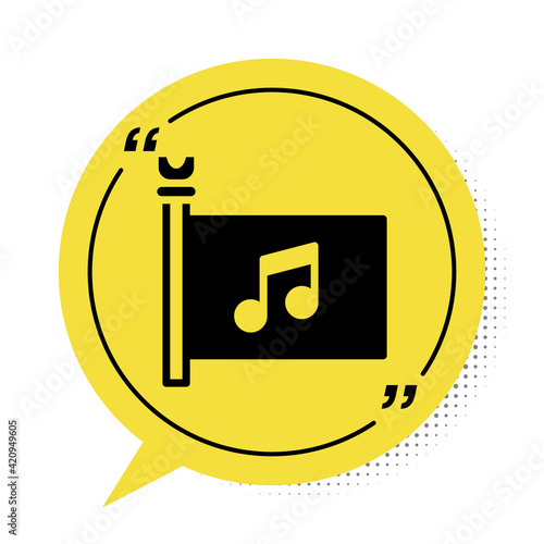 Black Music festival, access, flag, music note icon isolated on white background. Yellow speech bubble symbol. Vector