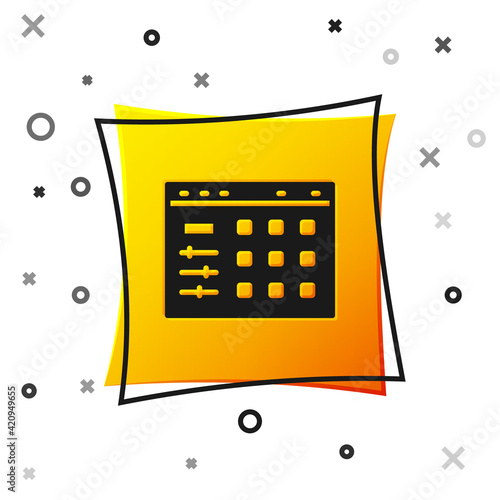Black Drum machine icon isolated on white background. Musical equipment. Yellow square button. Vector