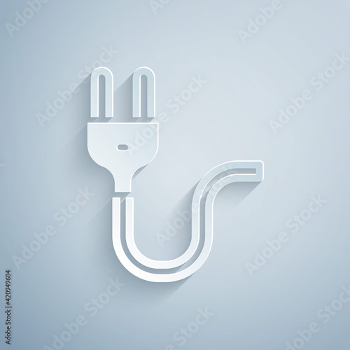 Paper cut Electric plug icon isolated on grey background. Concept of connection and disconnection of the electricity. Paper art style. Vector