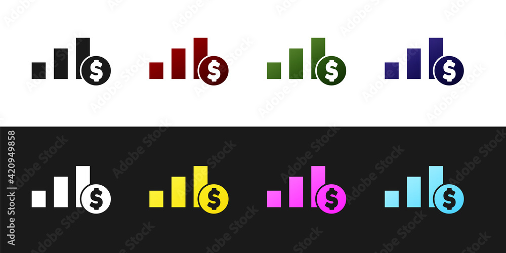Set Pie chart infographic and dollar symbol icon isolated on black and white background. Diagram chart sign. Vector Set Pie chart infographic and dollar symbol icon isolated on black and white background. Diagram chart sign. Vector