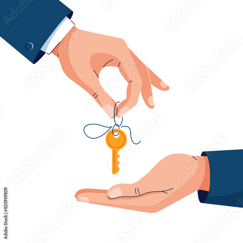 Home purchase deal vector illustration. Male hand giving house keys for property buying. Deal sale, property purchase, real estate agency, dealing house concept concept for banner. Flat cartoon design