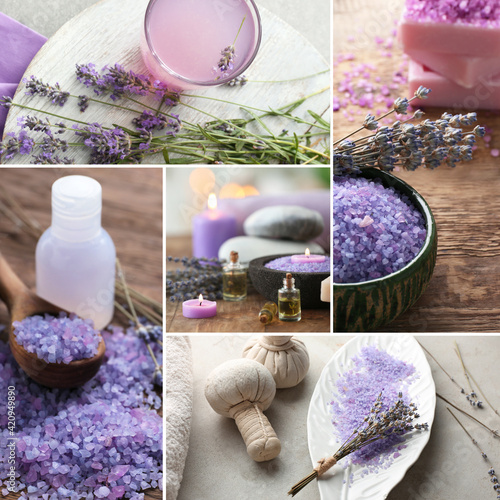 Collage of violet sea salt ...