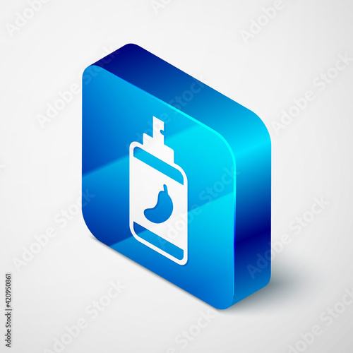 Isometric Pepper spray icon isolated on grey background. OC gas. Capsicum self defense aerosol. Blue square button. Vector