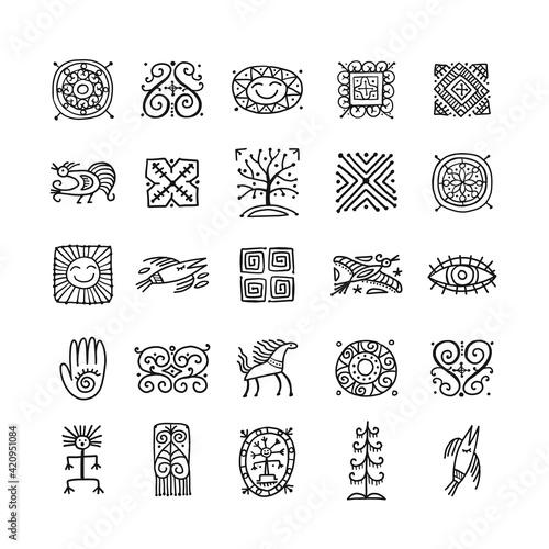 Ethnic handmade ornament, Folk Nordic Symbols. Art icons for your design