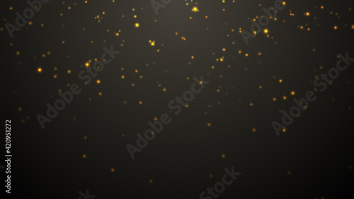 golden bokeh particles. Magical light for Merry Christmas and happy new year template. Gold Snow with Falling Snowflakes Winter background. Celebration holiday decoration