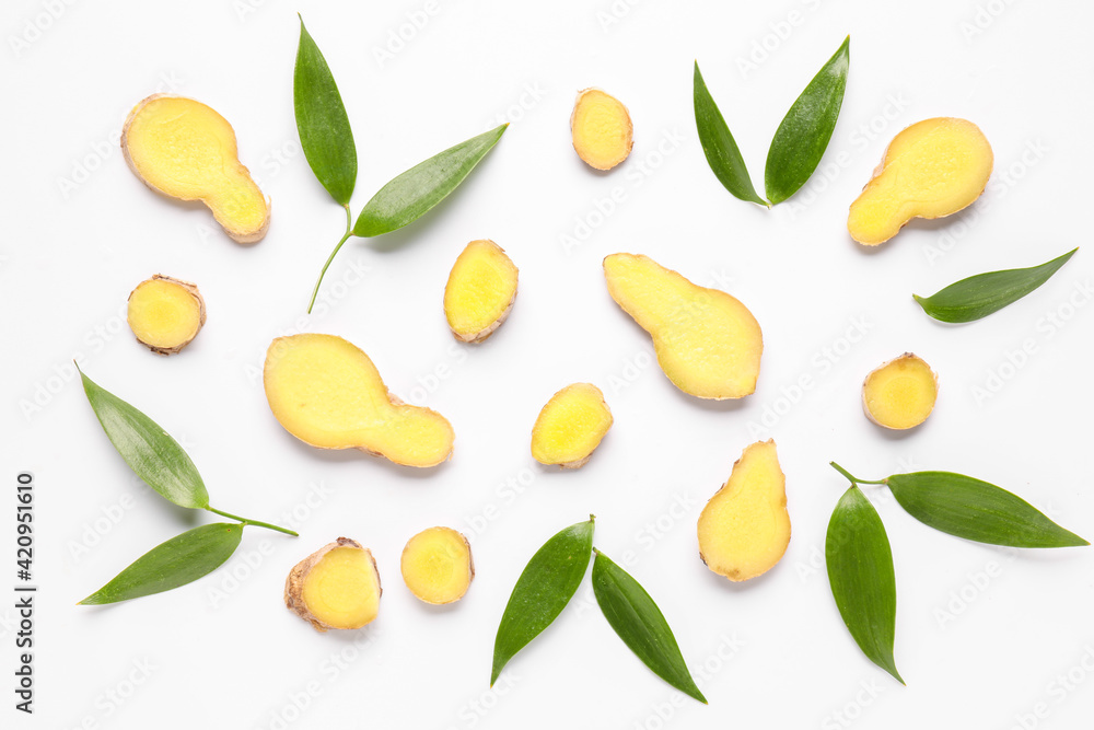 Fresh cut ginger on white background Fresh cut ginger on white background