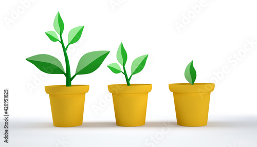 Three sprouts with different numbers of leaves in yellow pots.Gradual growth.On a white background