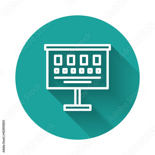 White line Eye test chart icon isolated with long shadow. Poster for vision testing in ophthalmic study. Snellen chart. Green circle button. Vector Illustration