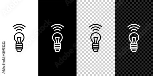 Set line Smart light bulb system icon isolated on black and white background. Energy and idea symbol. Internet of things concept with wireless connection. Vector