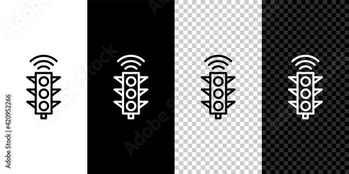 Set line Smart traffic light system icon isolated on black and white background. Internet of things concept with wireless connection. Vector