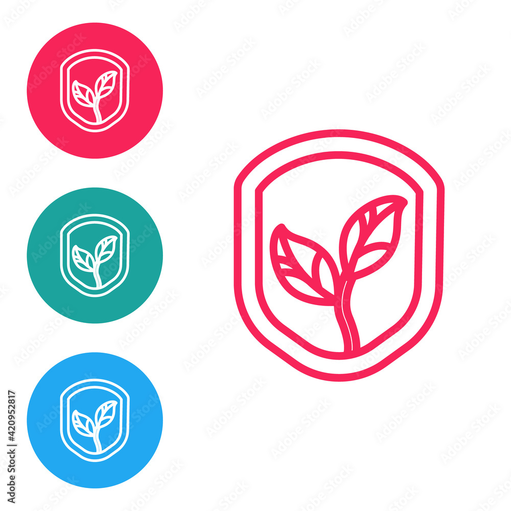 Red line Shield with leaf icon isolated on white background. Eco-friendly security shield with leaf. Set icons in circle buttons. Vector
