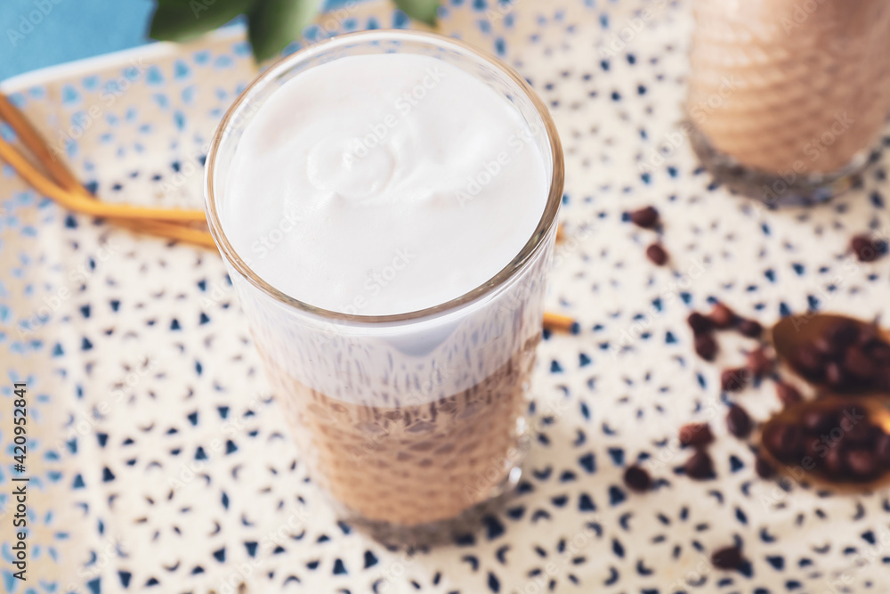 Glass of tasty latte, closeup Glass of tasty latte, closeup