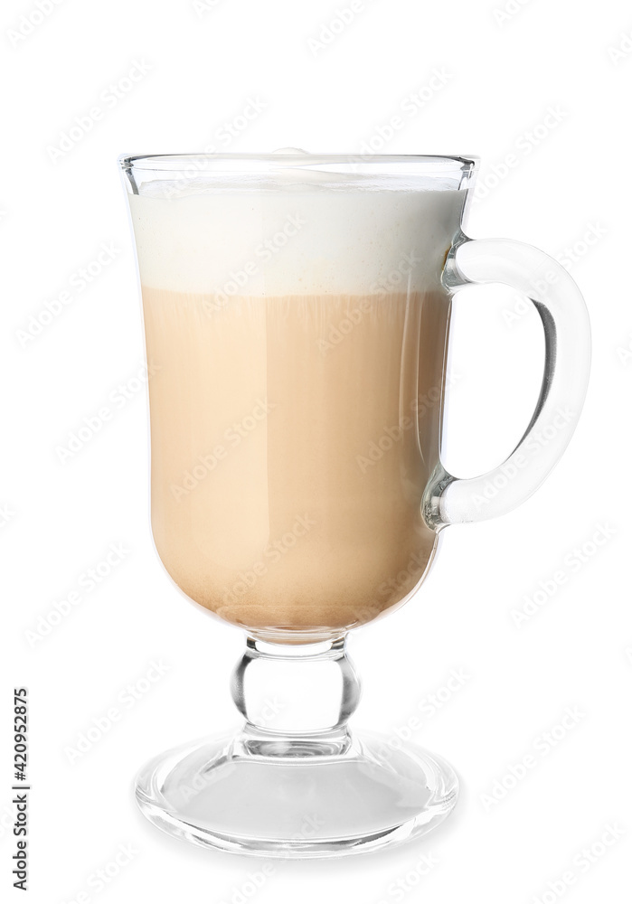 Glass cup of tasty latte on white background Glass cup of tasty latte on white background