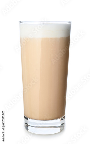 Glass of tasty latte on white background