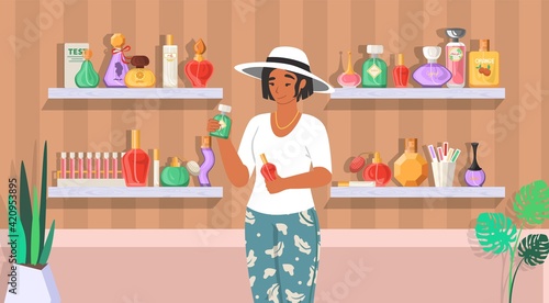 Perfume shop. Woman with perfume bottles, flat vector illustration. Perfumery, department store with fragrance products.