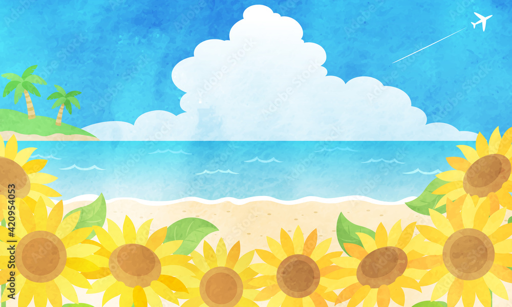 Vecteur Stock 夏のひまわりと海と入道雲の水彩風ベクターイラスト 風景 背景 Adobe Stock