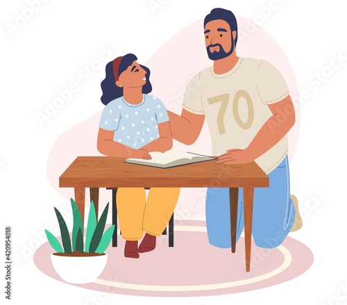 Happy father and daughter reading book together, flat vector illustration. Parent and child relationship.
