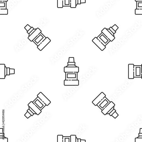 Grey line Mouthwash plastic bottle and glass icon isolated seamless pattern on white background. Liquid for rinsing mouth. Oralcare equipment. Vector