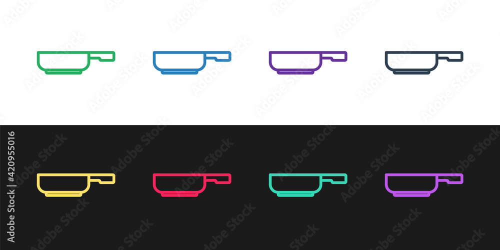 Set line Frying pan icon isolated on black and white background. Fry or roast food symbol. Vector Set line Frying pan icon isolated on black and white background. Fry or roast food symbol. Vector