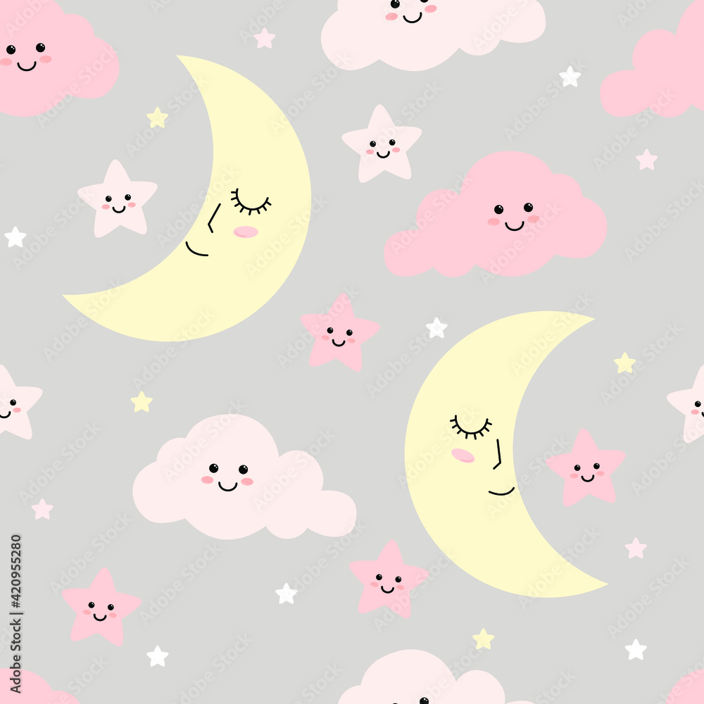 Cute vector clouds, moon, and stars seamless pattern wallpaper factory pattern
