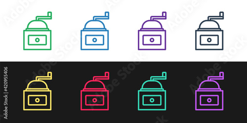 Set line Manual coffee grinder icon isolated on black and white background. Vector