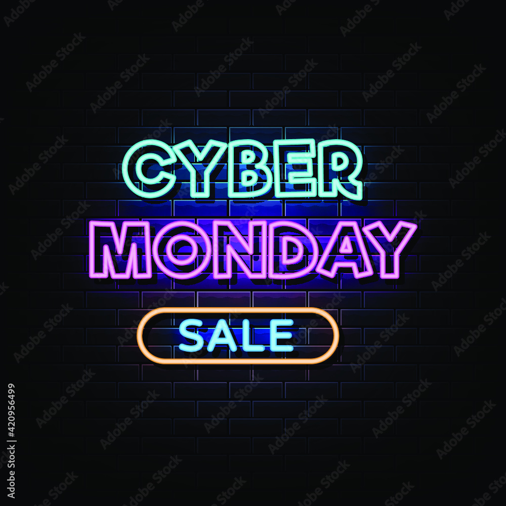 Cyber monday sale neon sign vector. cyber monday design template neon sign