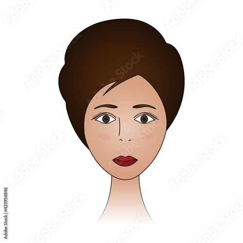 Womans face. Lady full face. Colored vector illustration. Cute brunette with brown eyes. Short pixie haircut. On the cheeks, a gentle blush and freckles. Lips are painted with scarlet lipstick. 