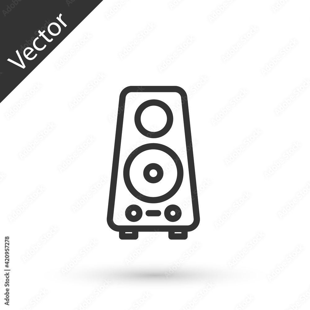 Grey line Stereo speaker icon isolated on white background. Sound system speakers. Music icon. Musical column speaker bass equipment. Vector Grey line Stereo speaker icon isolated on white background. Sound system speakers. Music icon. Musical column speaker bass equipment. Vector