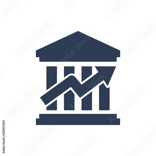 Stock exchange or bank building. Up arrow graph. Vector icon illustration isolated on white background.