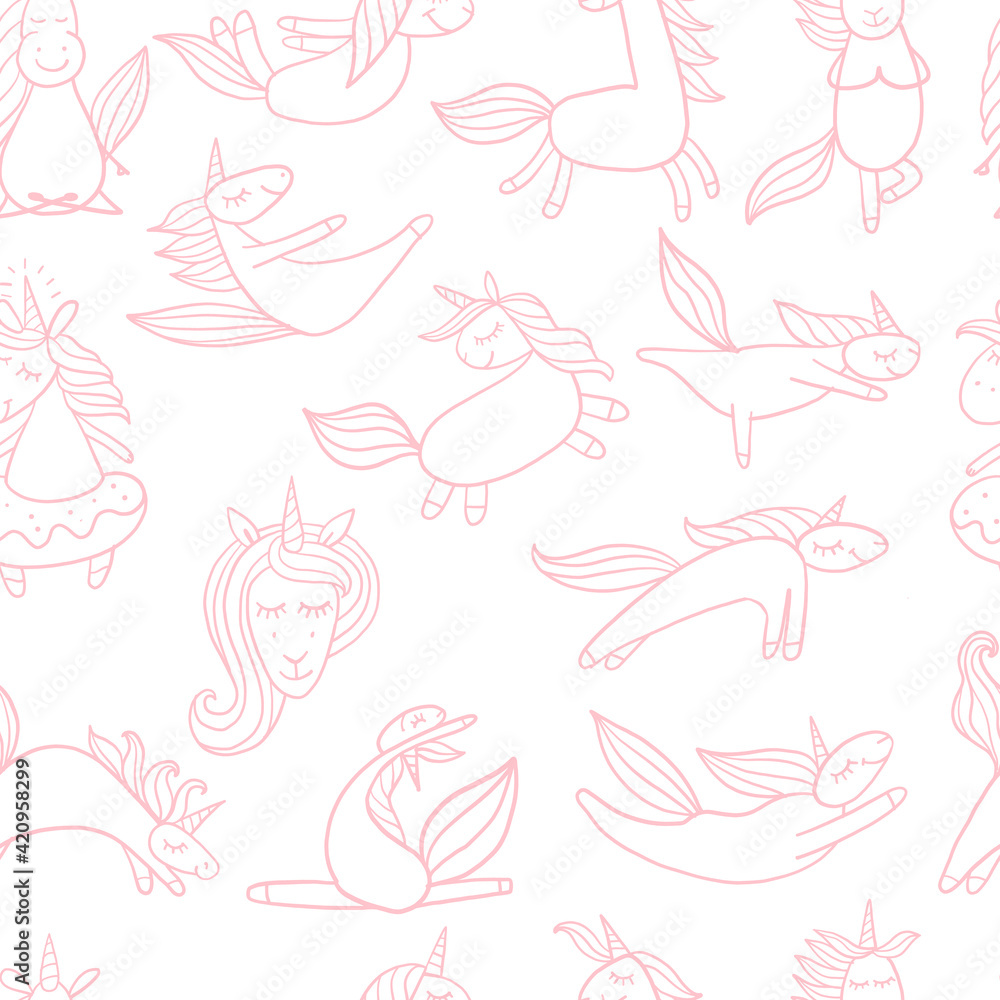 Funny Unicorns doing yoga. Seamless Pattern for your design Funny Unicorns doing yoga. Seamless Pattern for your design
