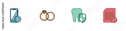 Set Setting on smartphone, Wedding rings, Dental protection and Transfer files icon. Vector
