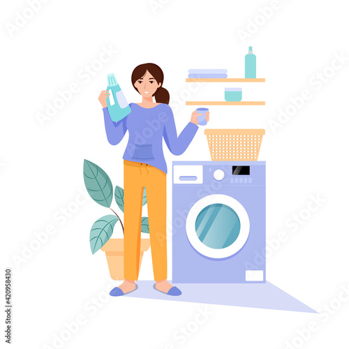 Woman in the bathroom thinks about how much washing powder to add for washing