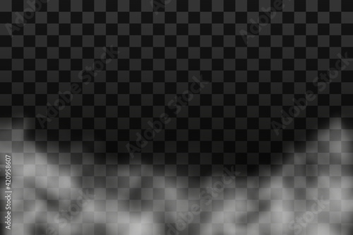 White fog texture isolated on transparent background. Steam special effect. Realistic vector fire smoke or mist. PNG.