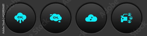 Set Methane emissions reduction, , Music streaming service and Car sharing icon. Vector