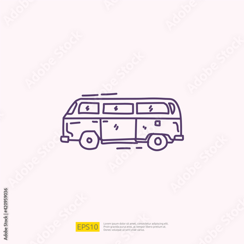 travel holiday tour and vacancy concept vector illustration. hippie van doodle linear icon sign symbol