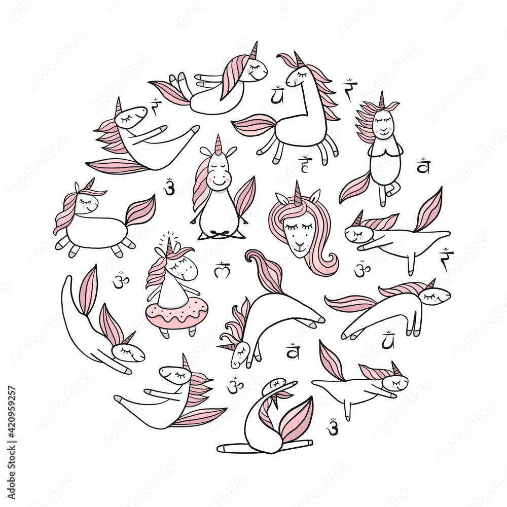 Funny Unicorns doing yoga. Circle Background for your design Funny Unicorns doing yoga. Circle Background for your design